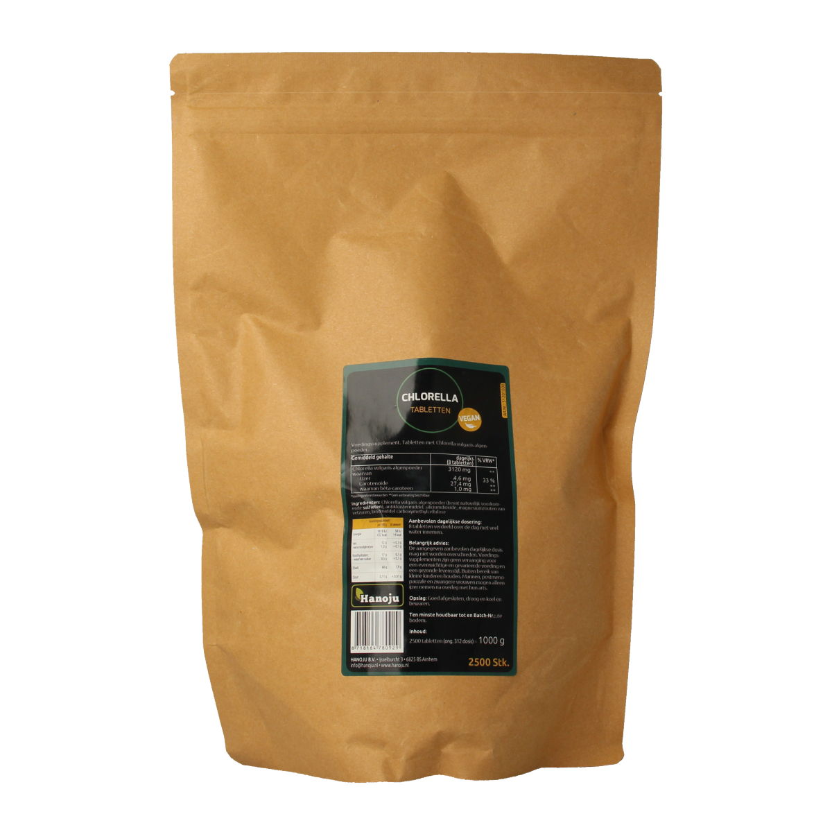 Hanoju chlorella tablets in paper bag, herbal supplement, 2500 tablets, green crushed algae supplement, natural health product