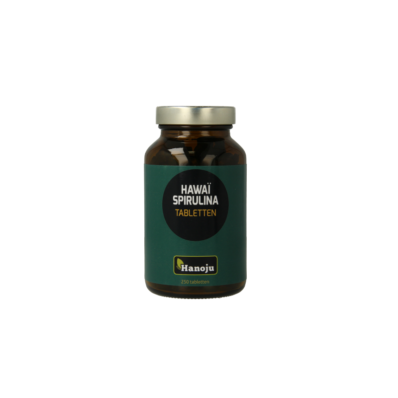 Hanoju Spirulina Hawaiiaans supplement in a bottle with 250 tablets, natural blue-green algae superfood for health.