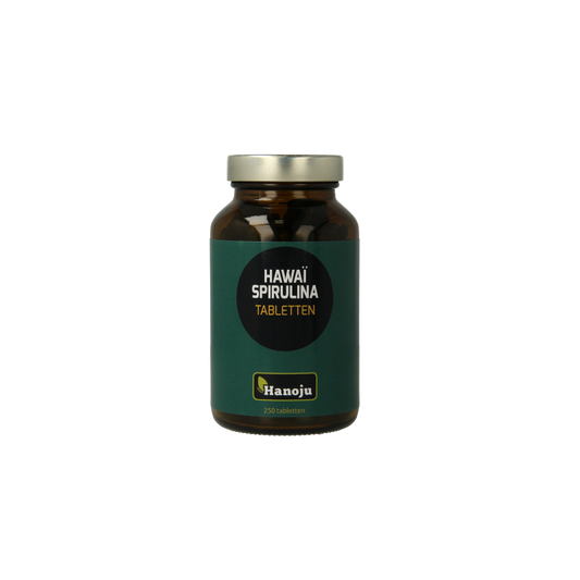 Hanoju Spirulina Hawaiiaans supplement in a bottle with 250 tablets, natural blue-green algae superfood for health.