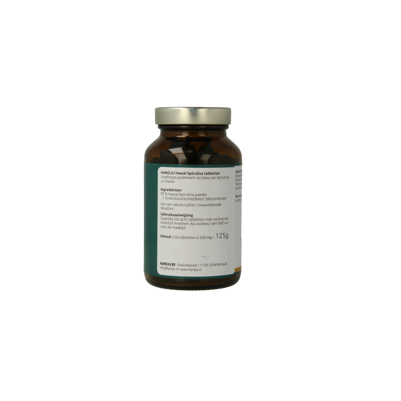 Hanoju Spirulina Hawaiiaans supplement in a bottle with 250 tablets, part of herbal preparations, showing tablets and label.