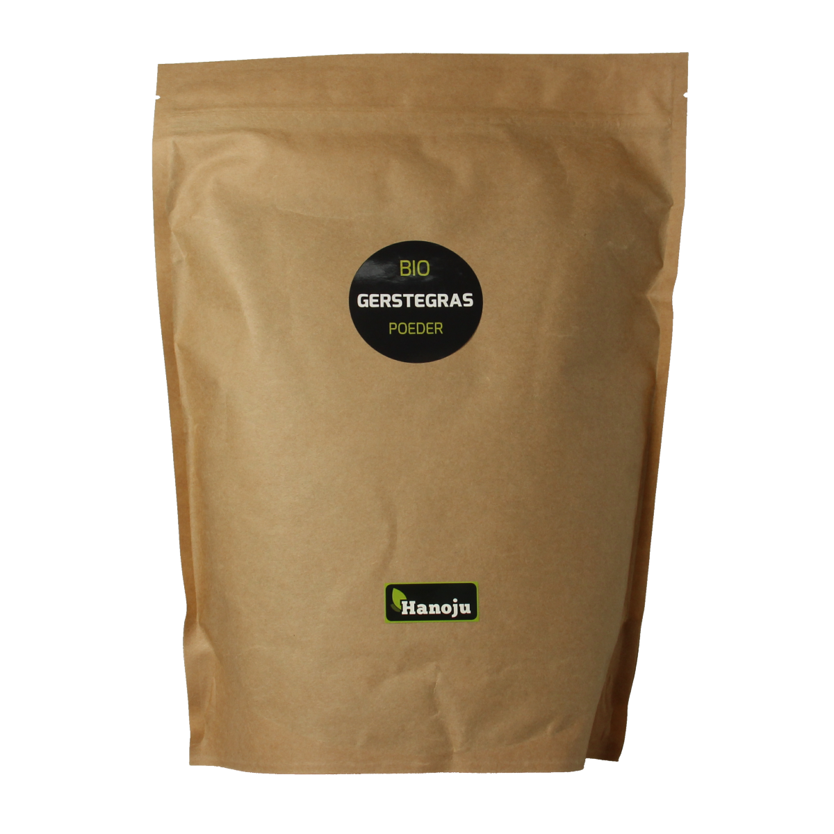 Hanoju organic ground barley grass in a paper bag, 1 kg, herbal supplement for health and wellness.