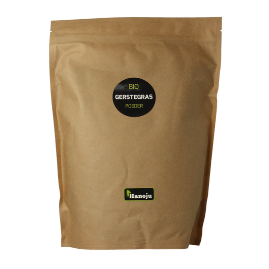 Hanoju organic ground barley grass in a paper bag, 1 kg, herbal supplement for health and wellness.