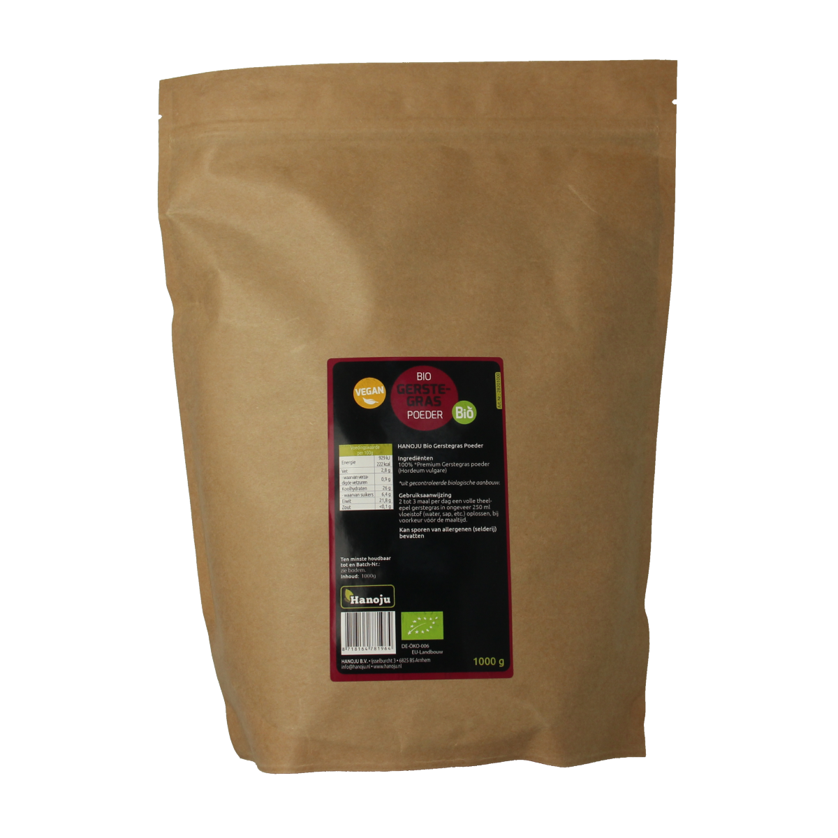 Hanoju organic ground barley grass in a paper bag, 1 kilogram, herbal supplement, fresh green powder for health and wellness.