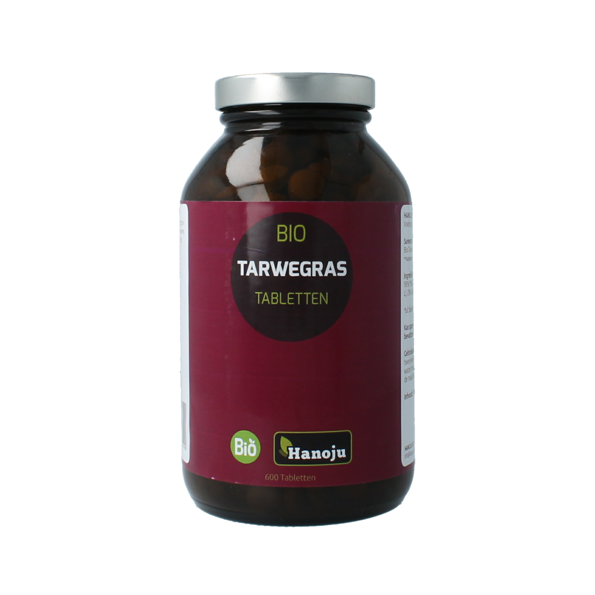 Hanoju Tarwegras glass flask with 600 organic wheatgrass tablets, herbal supplement in a clear glass container.