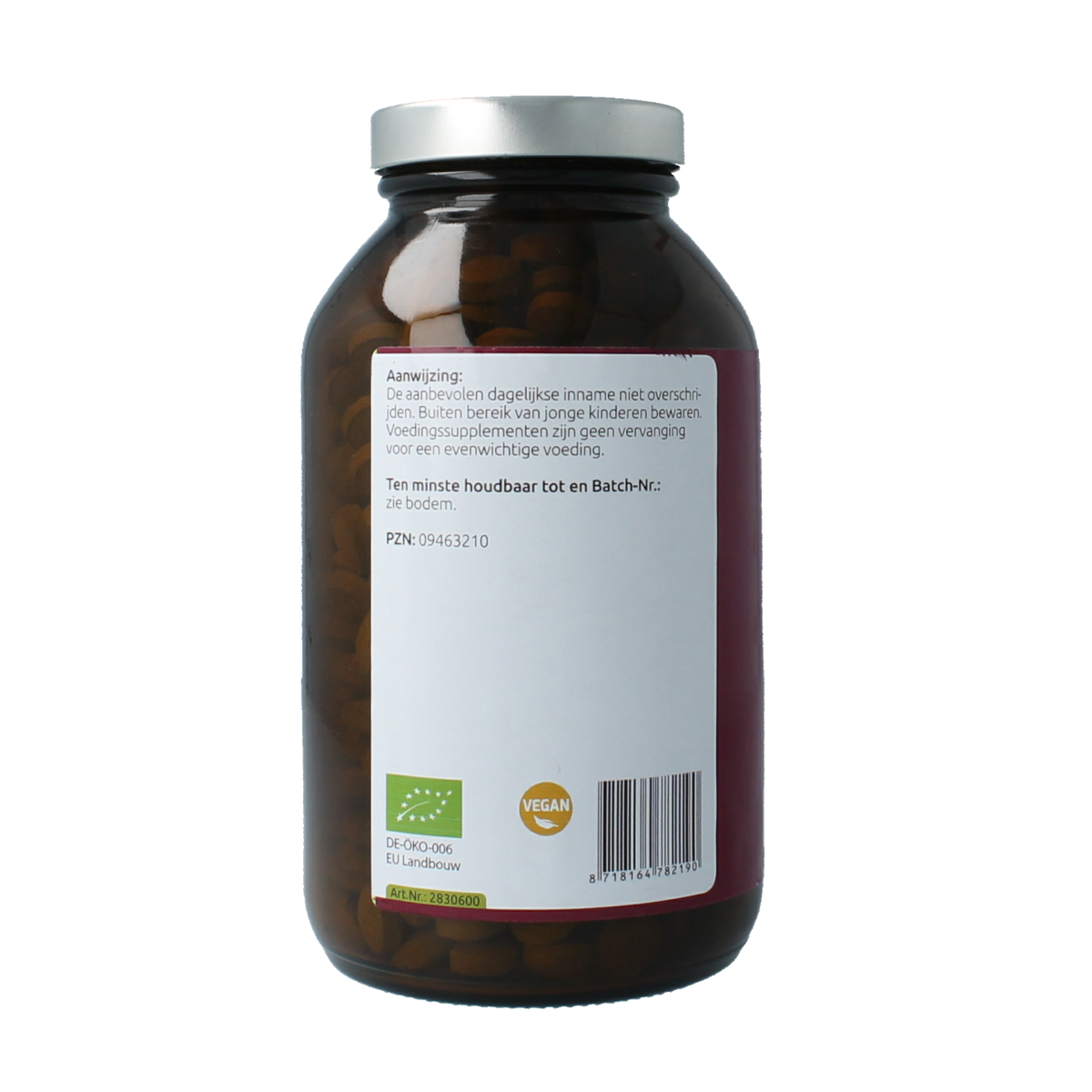 Hanoju Tarwegras glas flacon bio with 600 wheatgrass tablets, herbal supplement in a transparent glass bottle.