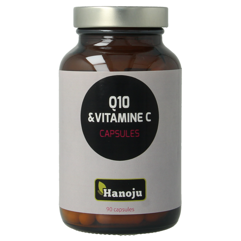 Hanoju Co-enzym Q10 and vitamin C capsules, 90-count bottle, dietary supplement with antioxidant benefits.