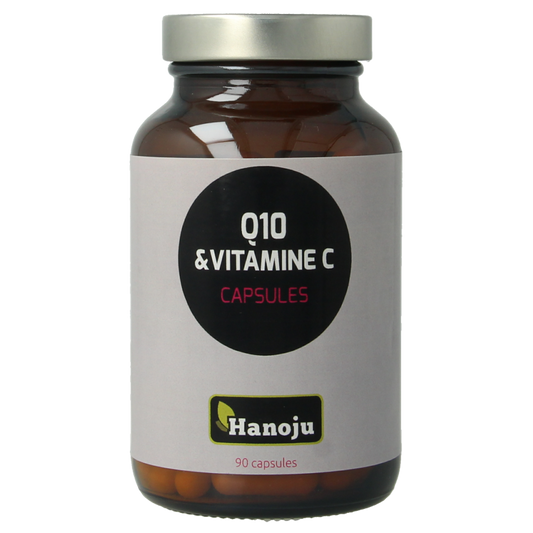 Hanoju Co-enzym Q10 and vitamin C capsules, 90-count bottle, dietary supplement with antioxidant benefits.