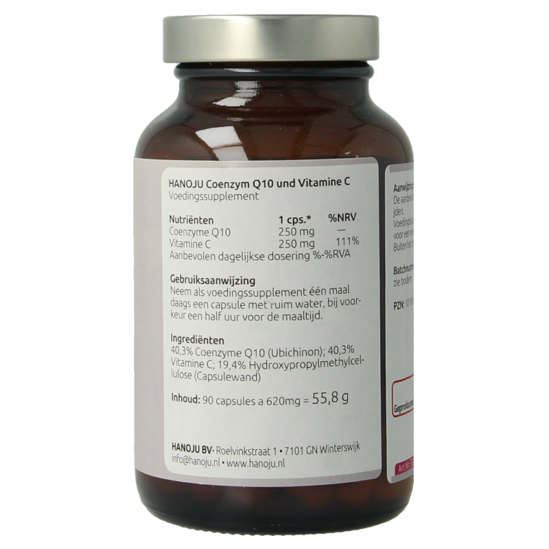 Hanoju Co-enzyme Q10 250mg and Vitamin C 250mg capsules in a bottle, dietary supplement for energy and immune support