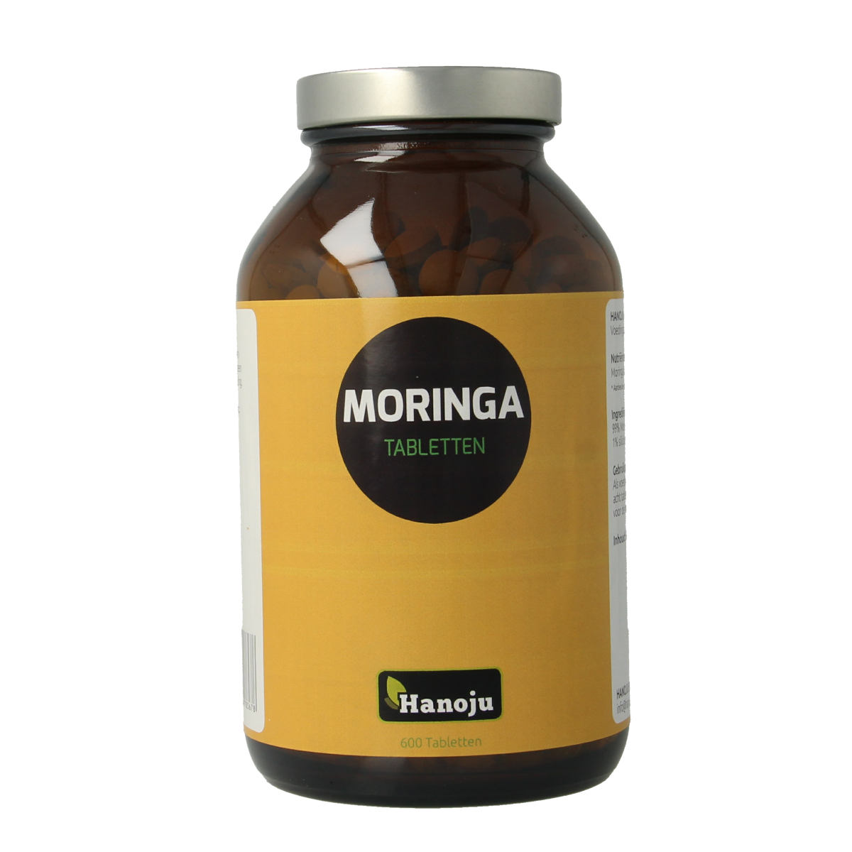 Hanoju Moringa oleifera heelblad 500mg supplement tablets, herbal preparation in blister pack, natural health product.