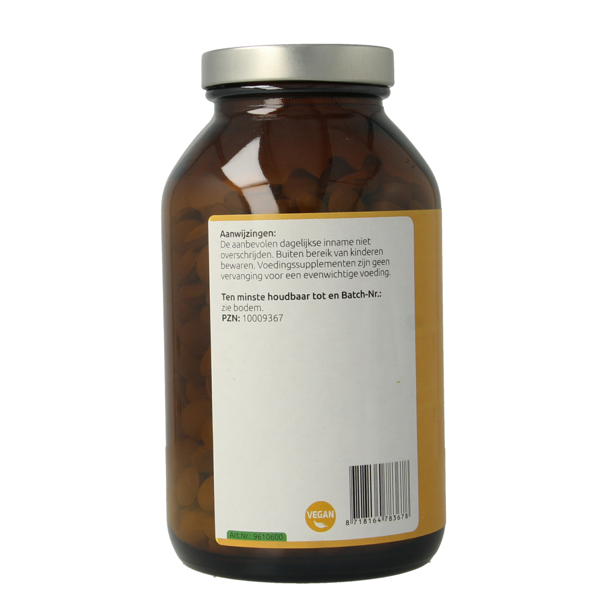 Hanoju Moringa oleifera heelblad supplement, 600 tablets in bottle, herbal supplement from Hanoju, showing tablets and label.