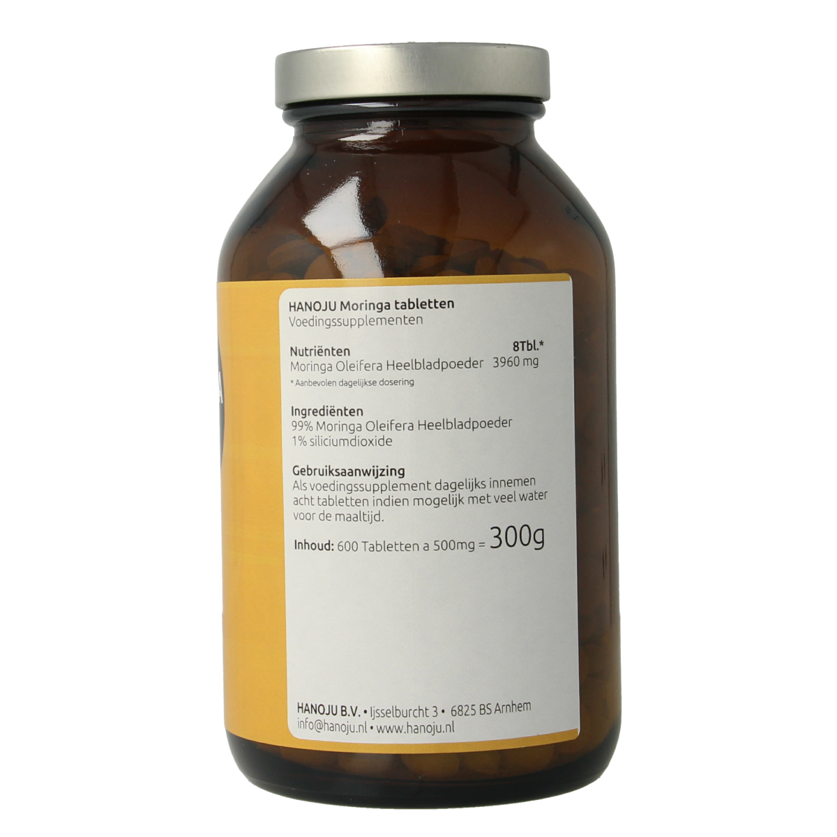 Hanoju Moringa oleifera heelblad 500mg herbal tablets, natural supplement in a blister pack, showing the product packaging.