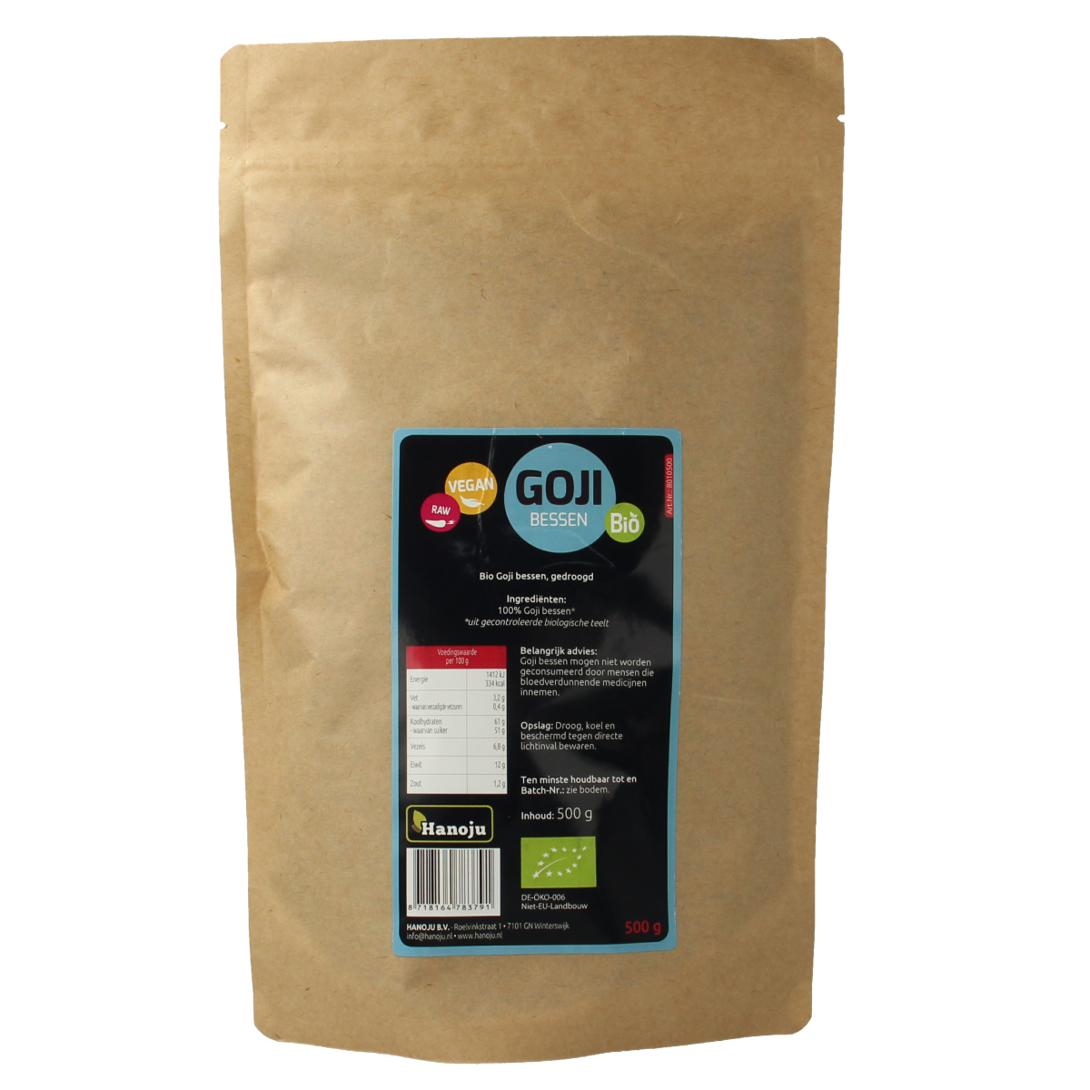 Dried organic goji berries in a 500g package from Hanoju, shown in a close-up image of the herbal supplement product.