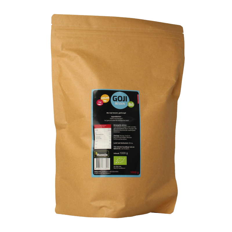 Raw organic Hanoju Goji berries, dried superfood in a 1kg package, shown in a close-up image.