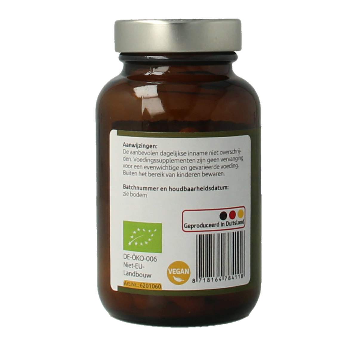 Hanoju Shiitake extract bio vegetarian capsules, dietary supplement in a white bottle with capsules visible inside.