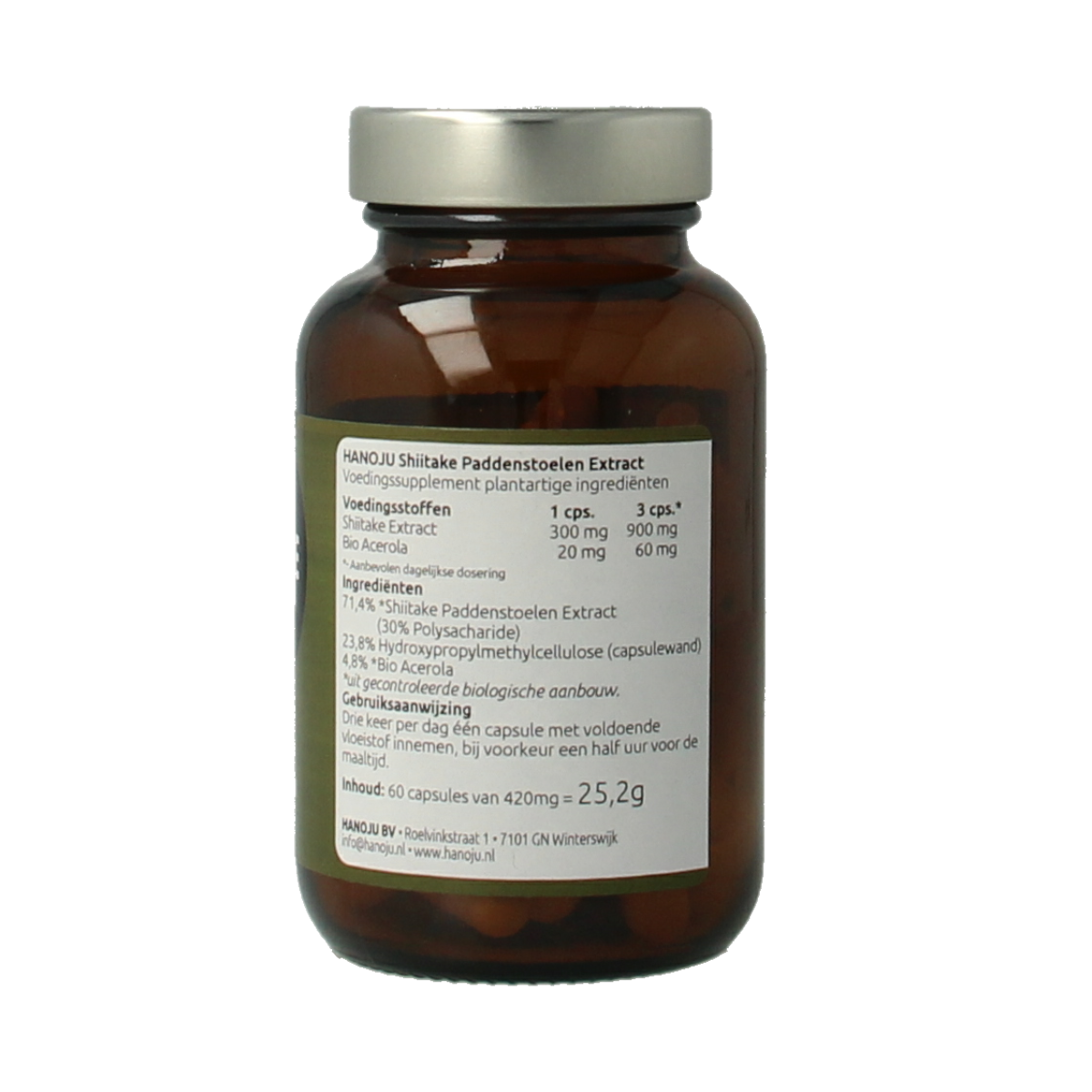 Hanoju Shiitake extract bio vegetarian capsules in a bottle, herbal supplement for immune support.