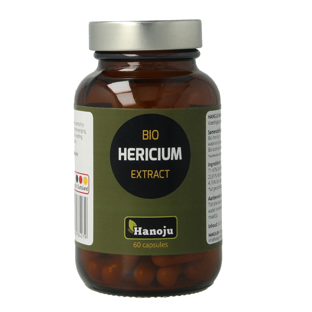 Hanoju Hericium bio extract herbal capsules in vegetarian form, showcasing the supplement container and capsules.