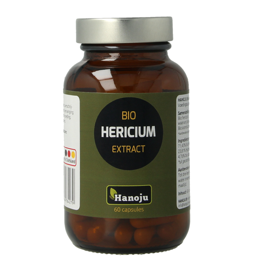 Hanoju Hericium bio extract herbal capsules in vegetarian form, showcasing the supplement container and capsules.