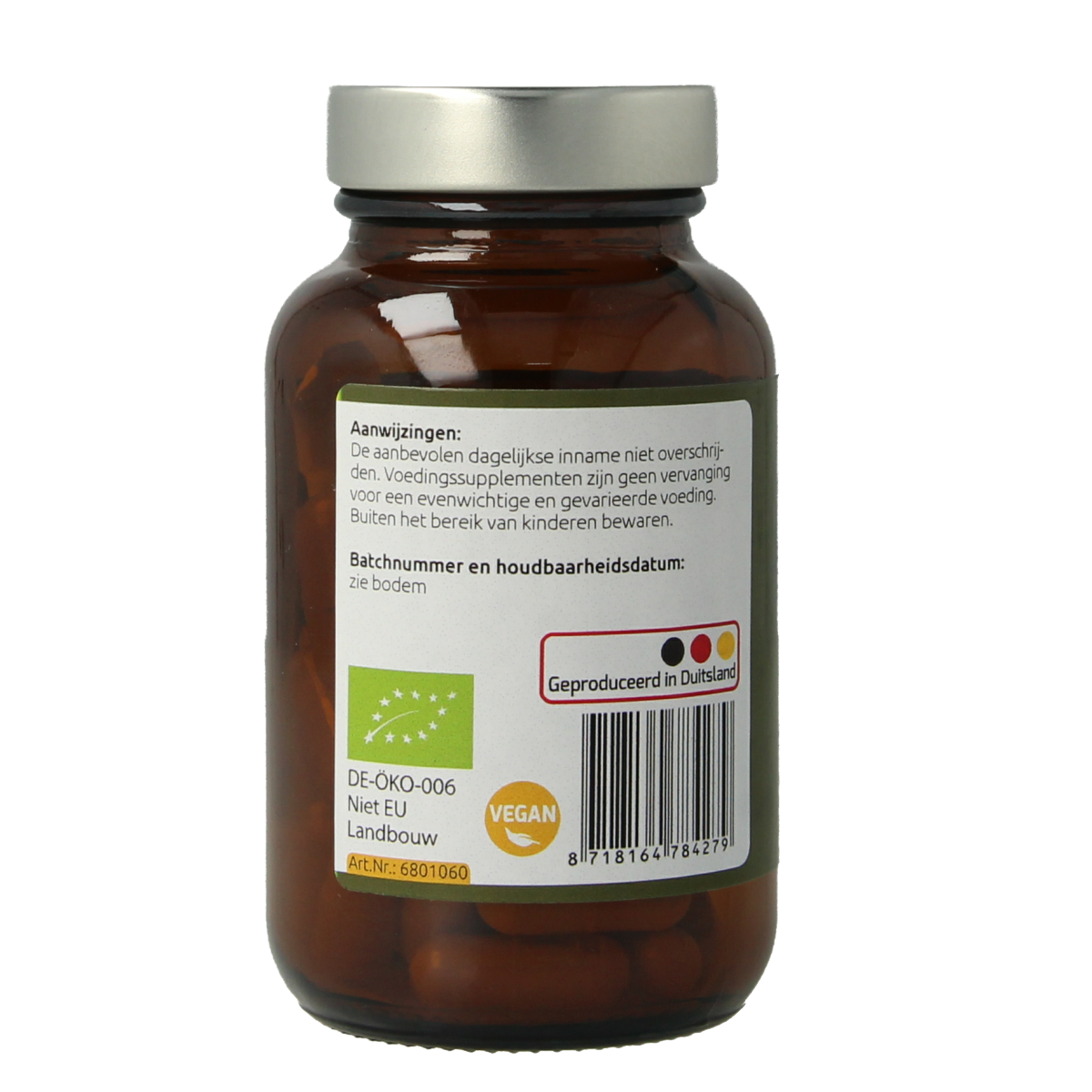 Hanoju Hericium bio extract vegetarian capsules, herbal supplement in a clear bottle with capsules visible inside.