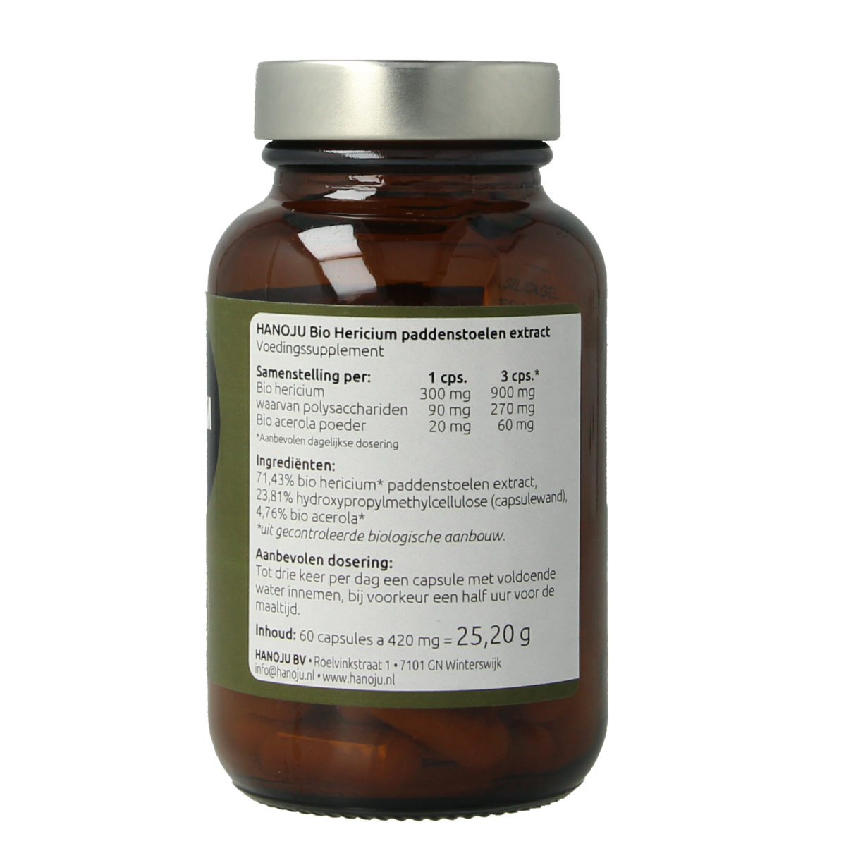 Hanoju Hericium extract bio vegetarian capsules, herbal supplement in a clear bottle with capsules inside