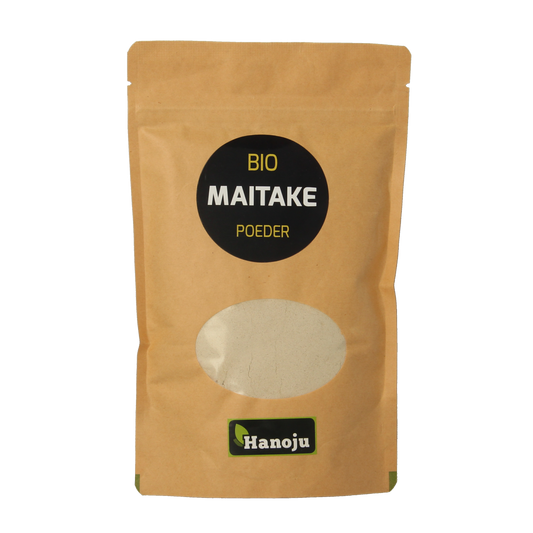 Hanoju Maitake bio poeder in 100g package, organic mushroom powder from the Hanoju herbal supplement line.