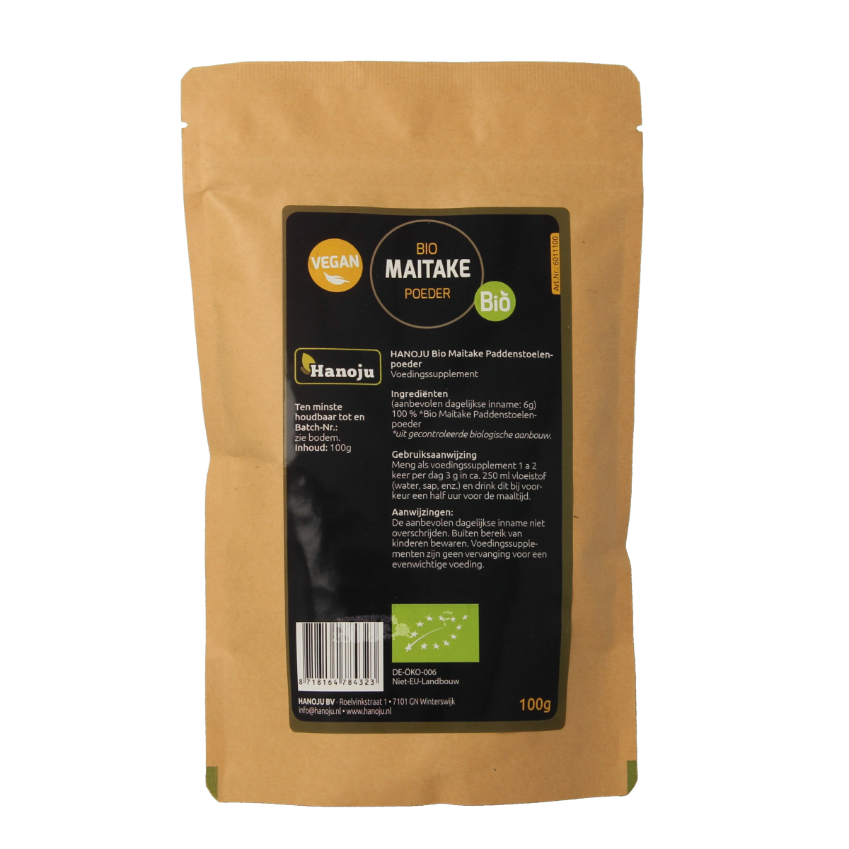 Hanoju Maitake bio powder in 100g package, natural mushroom supplement from Hanoju, shown in the product image.