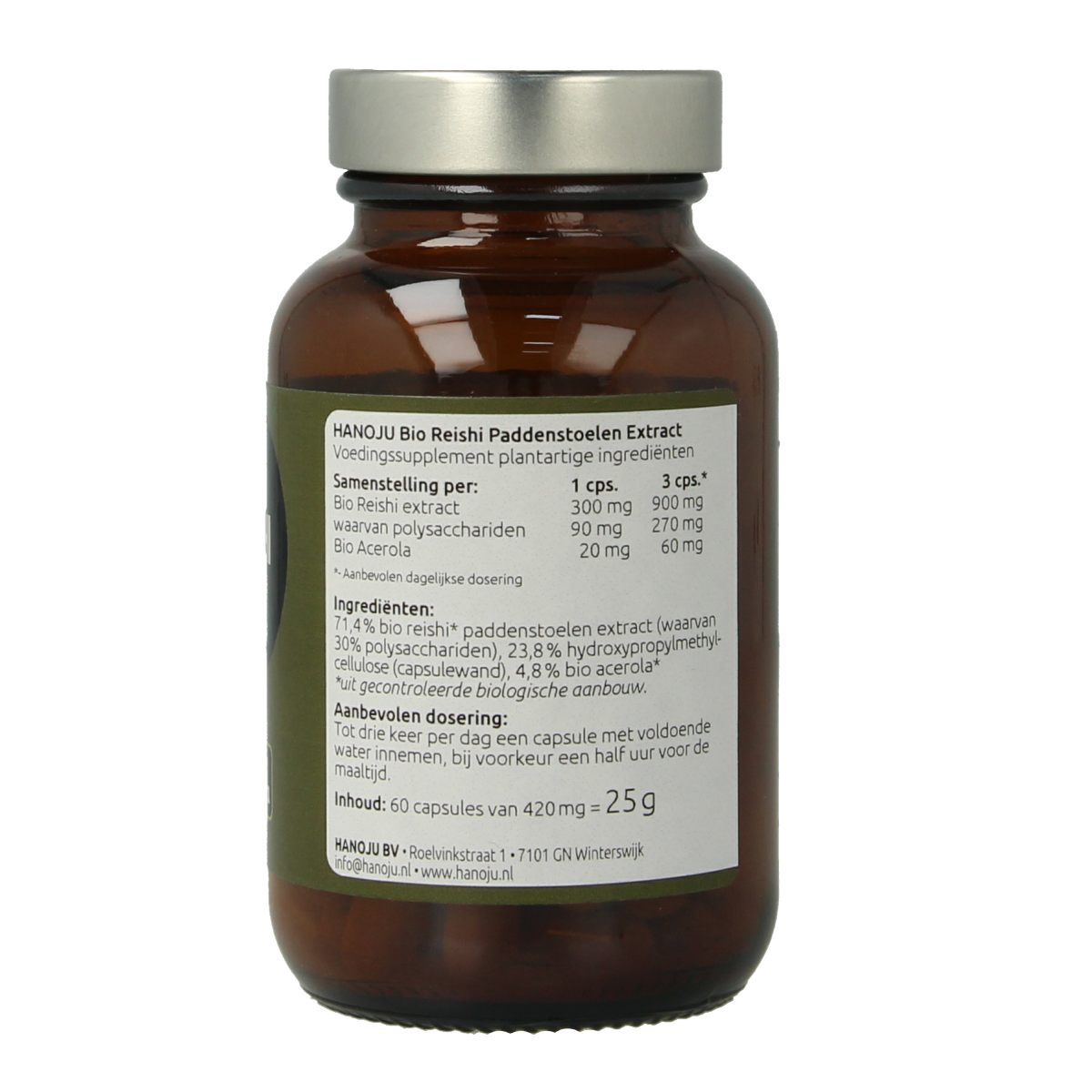 Hanoju Reishi extract bio capsules in a bottle, herbal supplement for immune support, 60 capsules, Kruidenpreparaten.