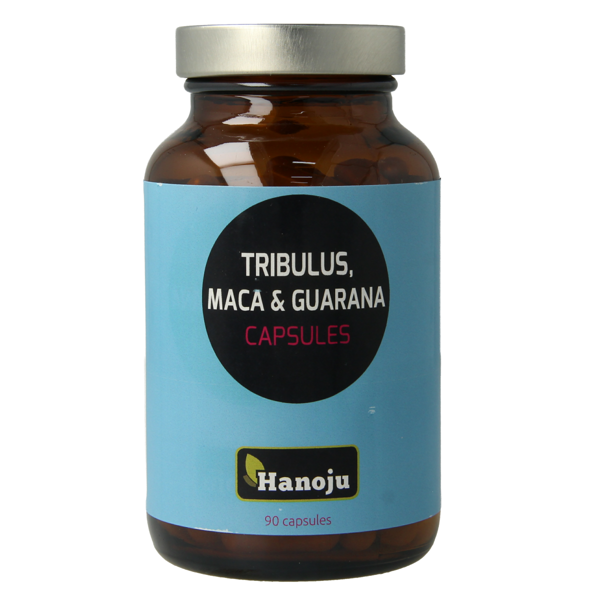 Hanoju Tribulus maca guarana extract vegetarian capsules in a bottle, dietary supplement for energy and vitality.