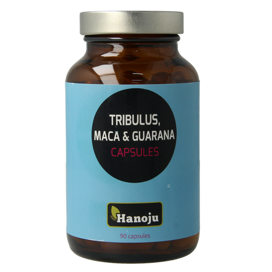 Hanoju Tribulus maca guarana extract vegetarian capsules in a bottle, dietary supplement for energy and vitality.