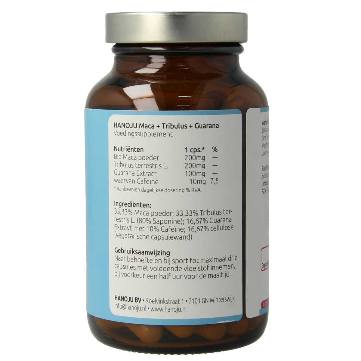 Hanoju Tribulus maca guarana extract herbal capsules in vegetarian supplement container with label and capsule imagery.