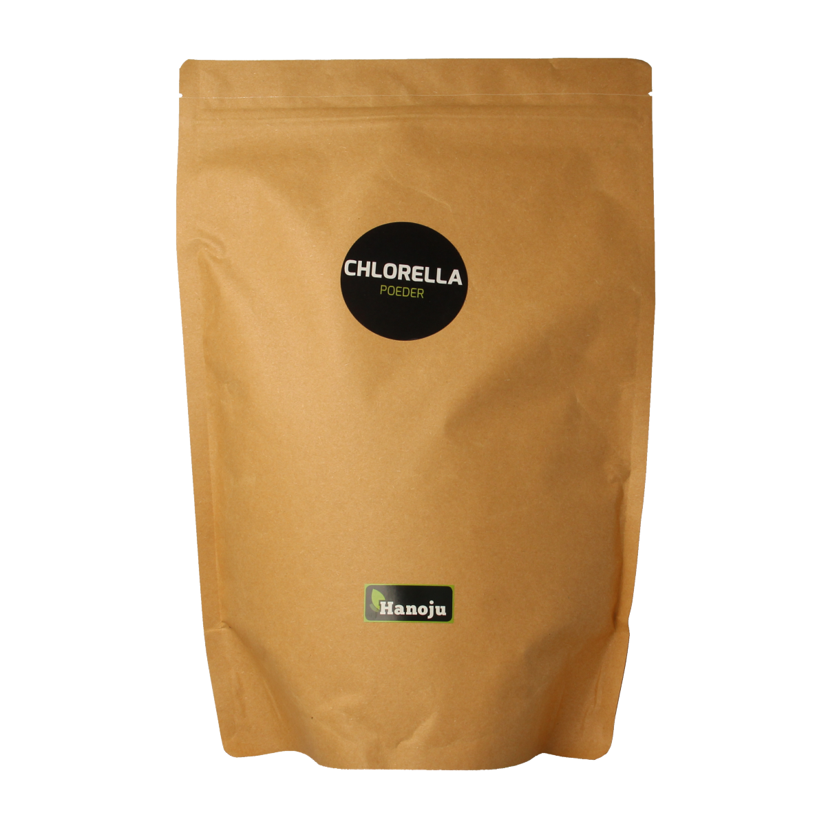 Hanoju Chlorella premium powder in a 1kg bag, a herbal supplement from the kruidpreparaten category, with vibrant green algae flakes.