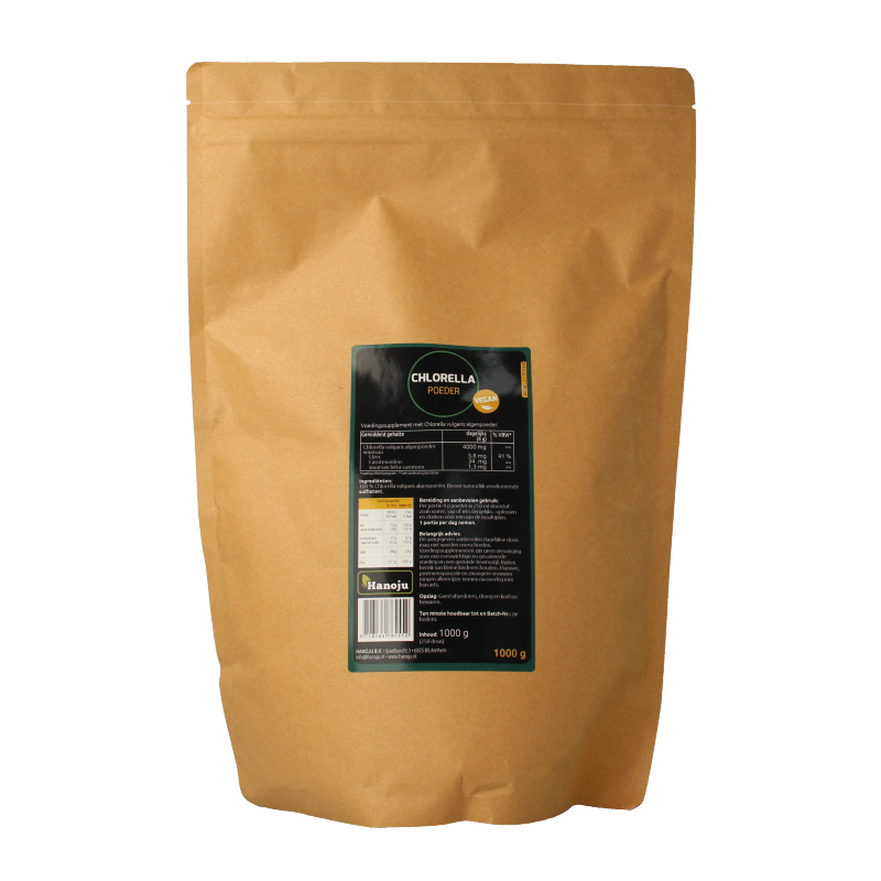 Hanoju Chlorella premium powder in a 1kg package, a herbal supplement for detox and nutrition, shown in a close-up image.