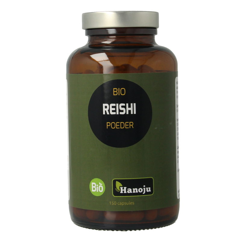 Hanoju Reishi paddenstoelen bio vegetarische capsules, kruidenpreparaat in een witte pot met capsule verpakking.