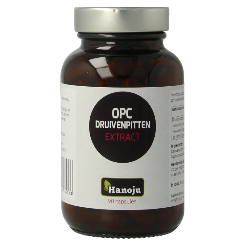 Hanoju OPC druivenpitten extract 400mg capsules, herbal supplement in a white bottle with green label.