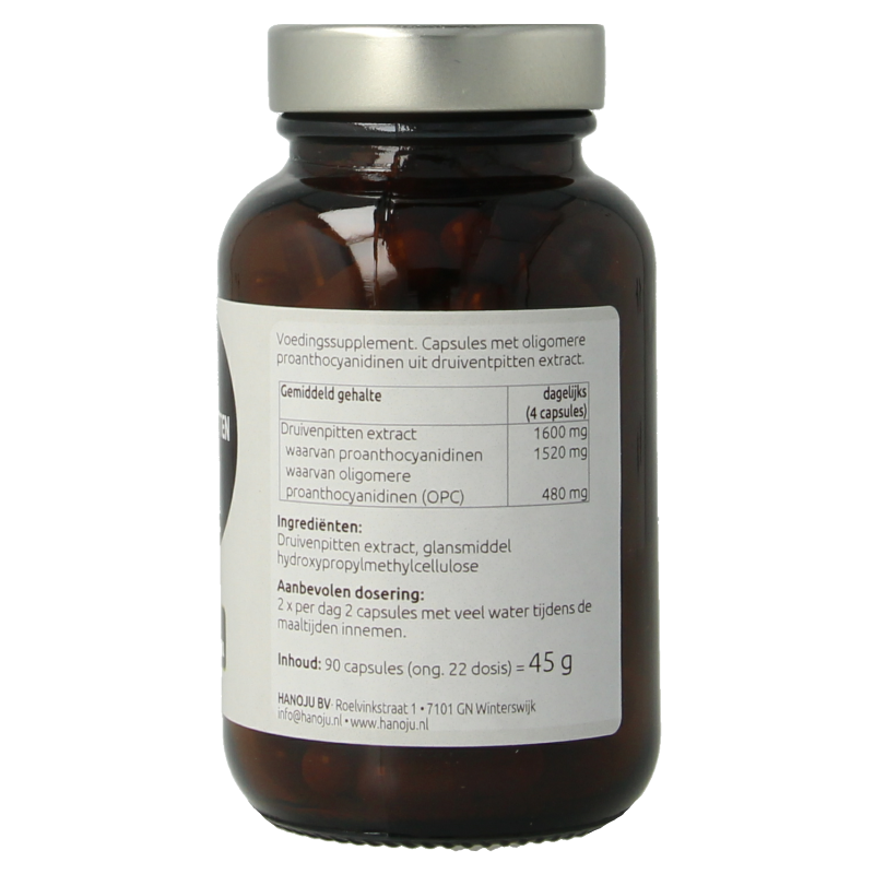 Hanoju OPC druivenpitten extract 400mg capsules in a bottle, herbal supplement for antioxidant support.