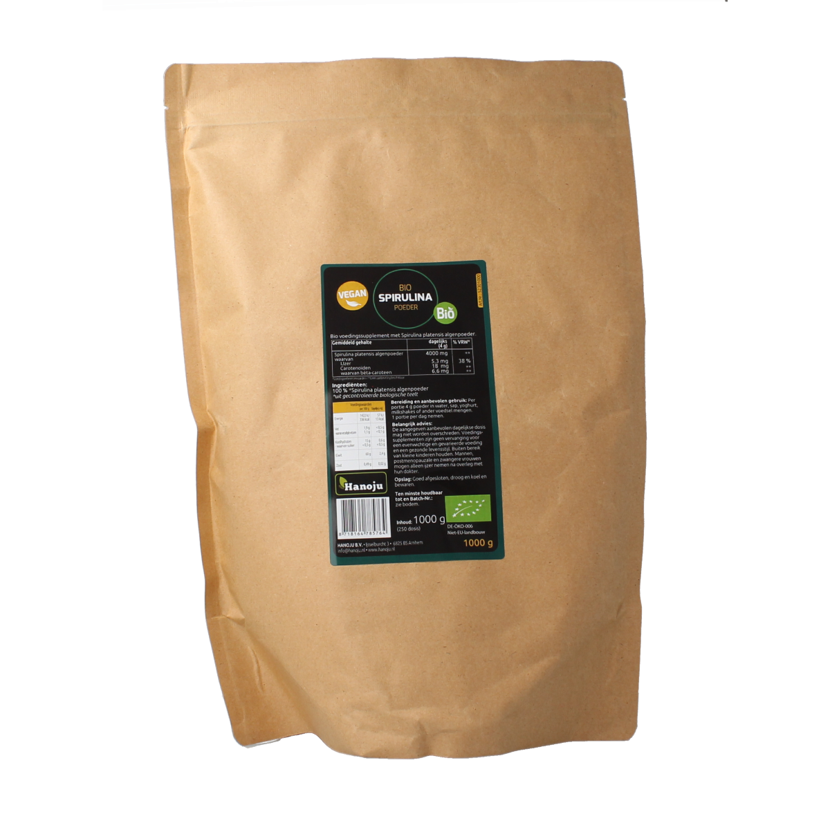 Hanoju bio spirulina powder in a 1kg package, a natural herbal supplement for health and wellness.