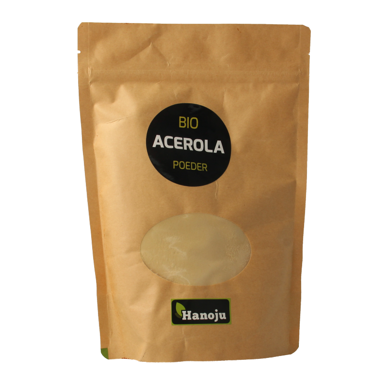 Hanoju Acerola powder bio in 250g packaging, featuring vibrant red acerola cherries and natural herbal supplement appearance.