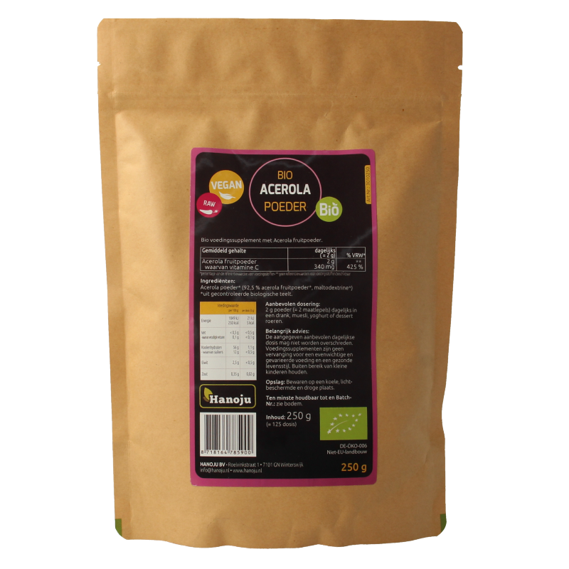 Hanoju organic acerola powder in a 250g package, showcasing vibrant red acerola cherries and the herbal supplement label.