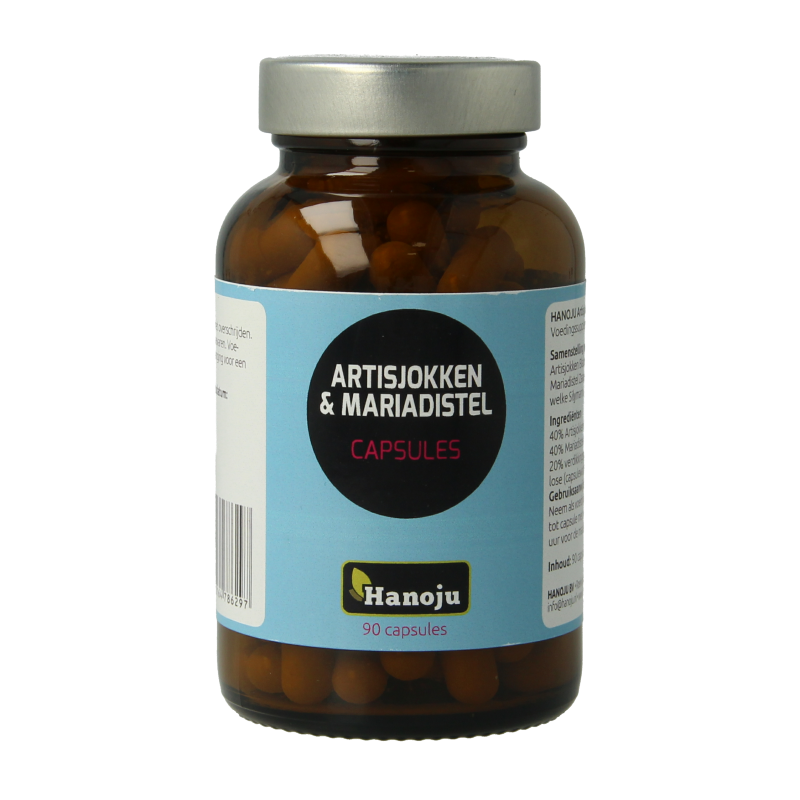 Hanoju herbal capsules with artichoke and milk thistle extract, 200mg each, for liver health, in a 90-capsule bottle.
