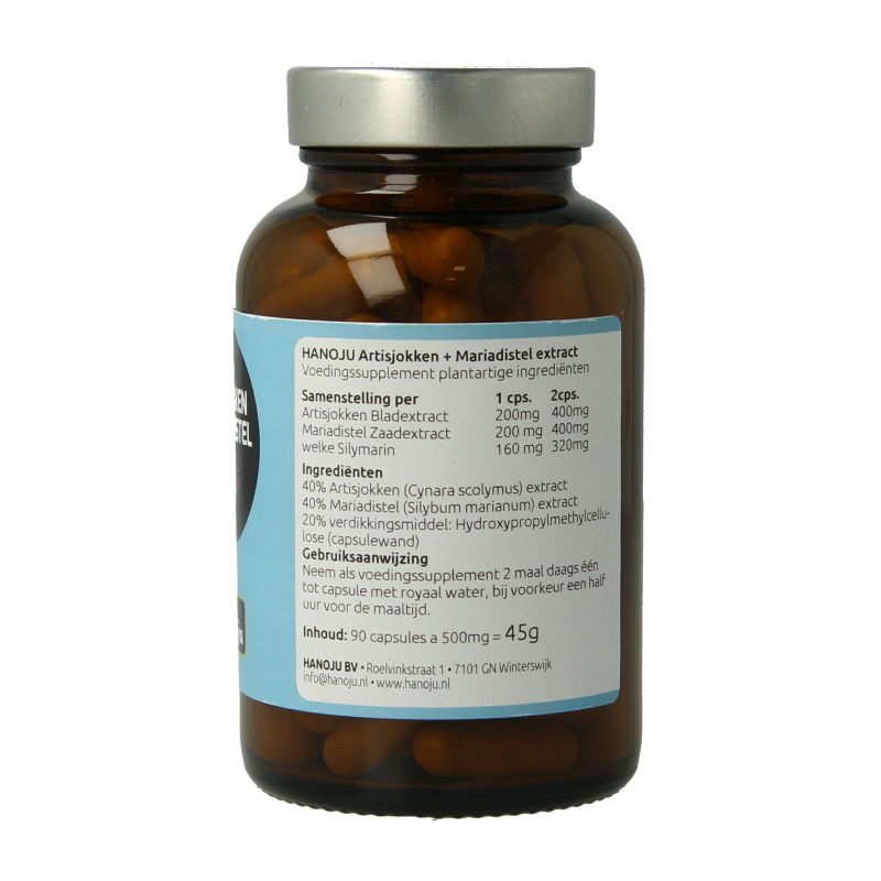 Hanoju Artisjok and mariadistel herbal capsules in a bottle, dietary supplement for liver support, 90 capsules.