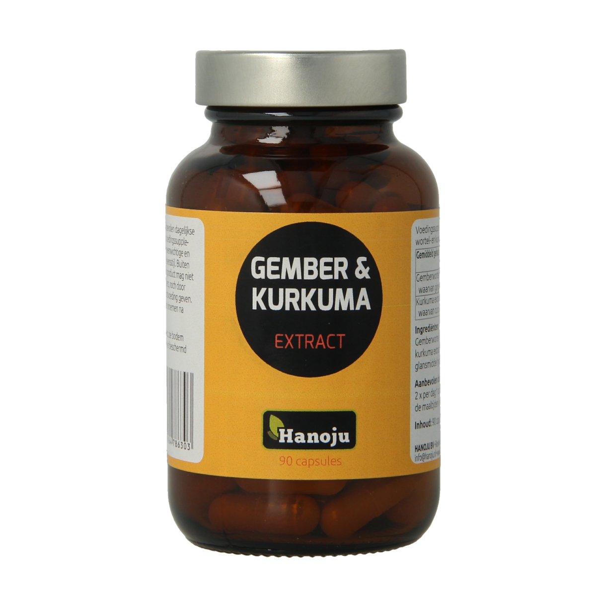 Hanoju Gember & kurkuma extract vegetarian capsules in a clear bottle, showing the herbal supplement's label and capsules inside.