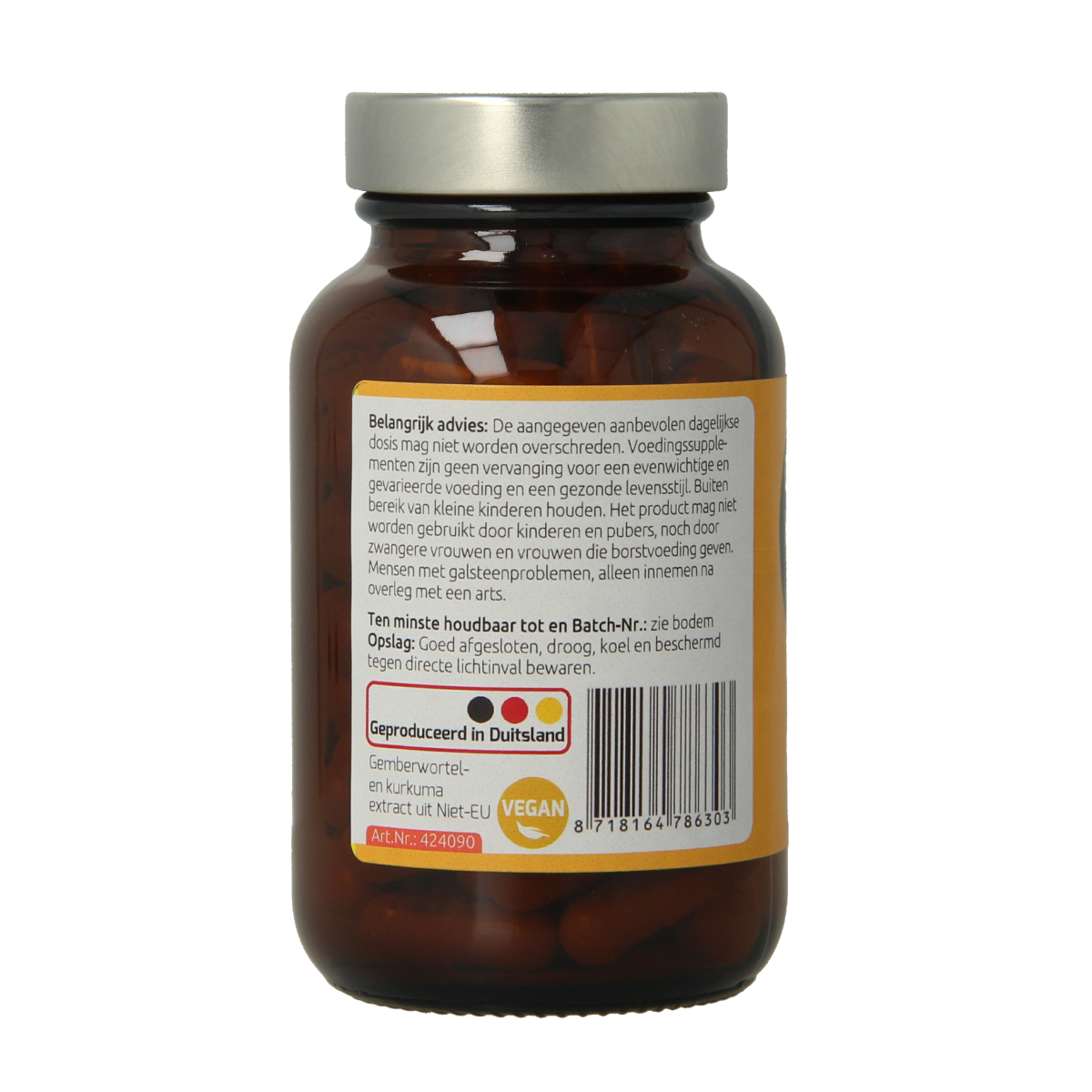 Hanoju Gember en kurkuma extract vegetarische capsules in een open pot, kruidenpreparaten voor welzijn, close-up van de capsules
