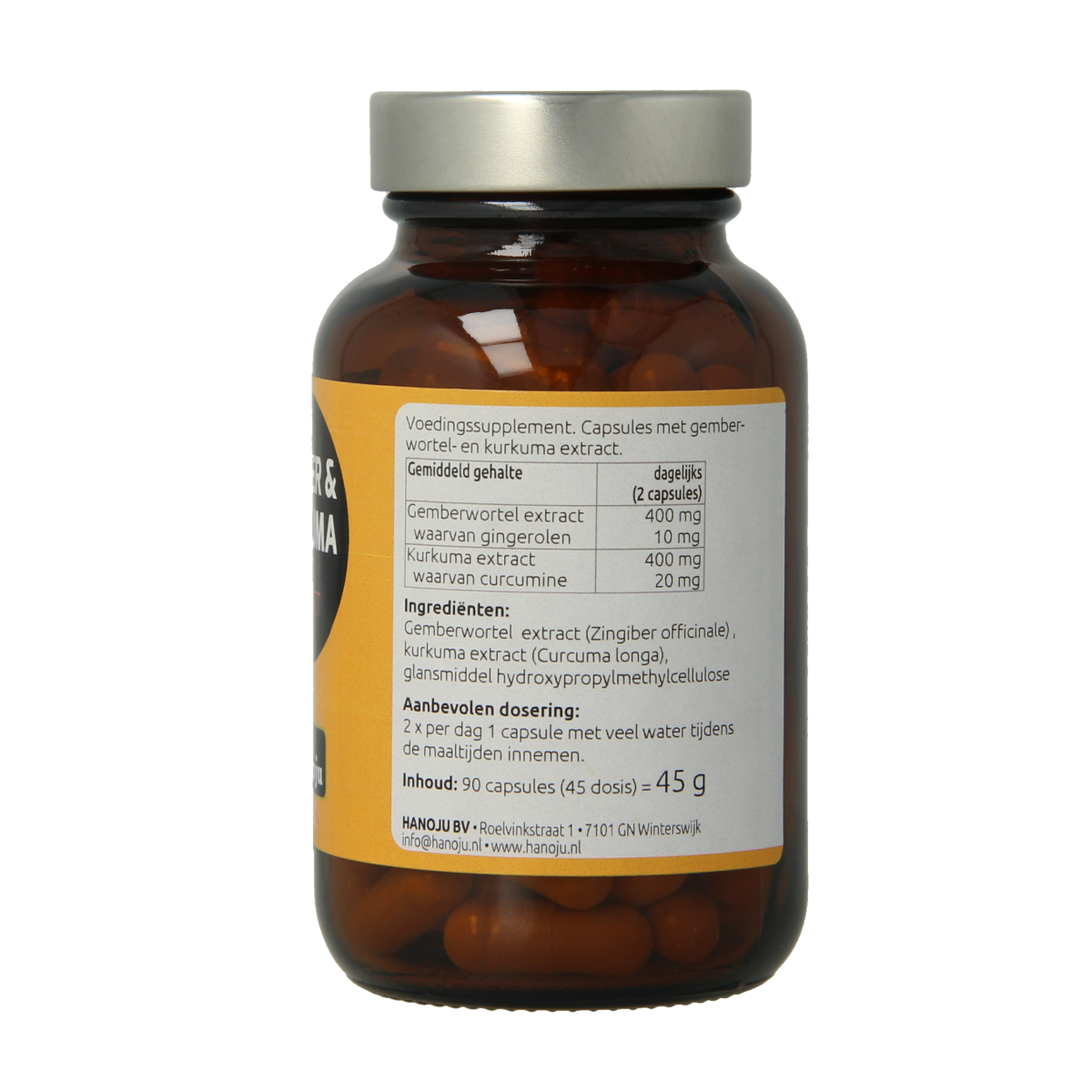 Hanoju Gember & kurkuma extract vegetarian capsules in a blister pack, herbal supplement for wellness and digestion.