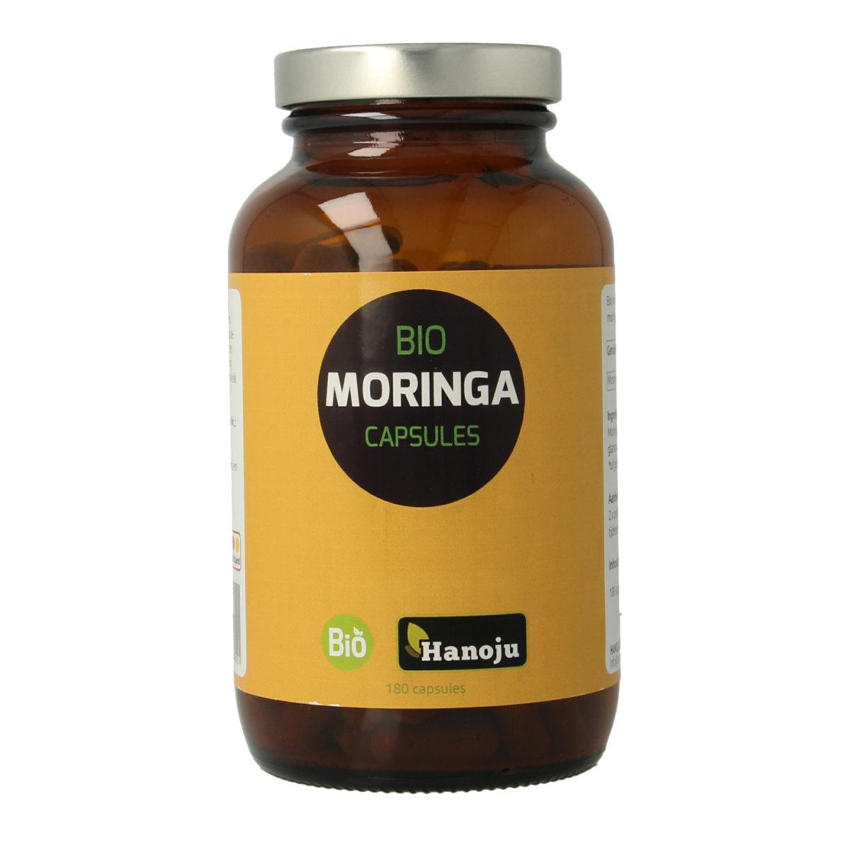 Hanoju Bio Moringa capsules in a bottle, herbal supplement, 180 capsules, natural plant-based kruidpreparaten, dietary supplement