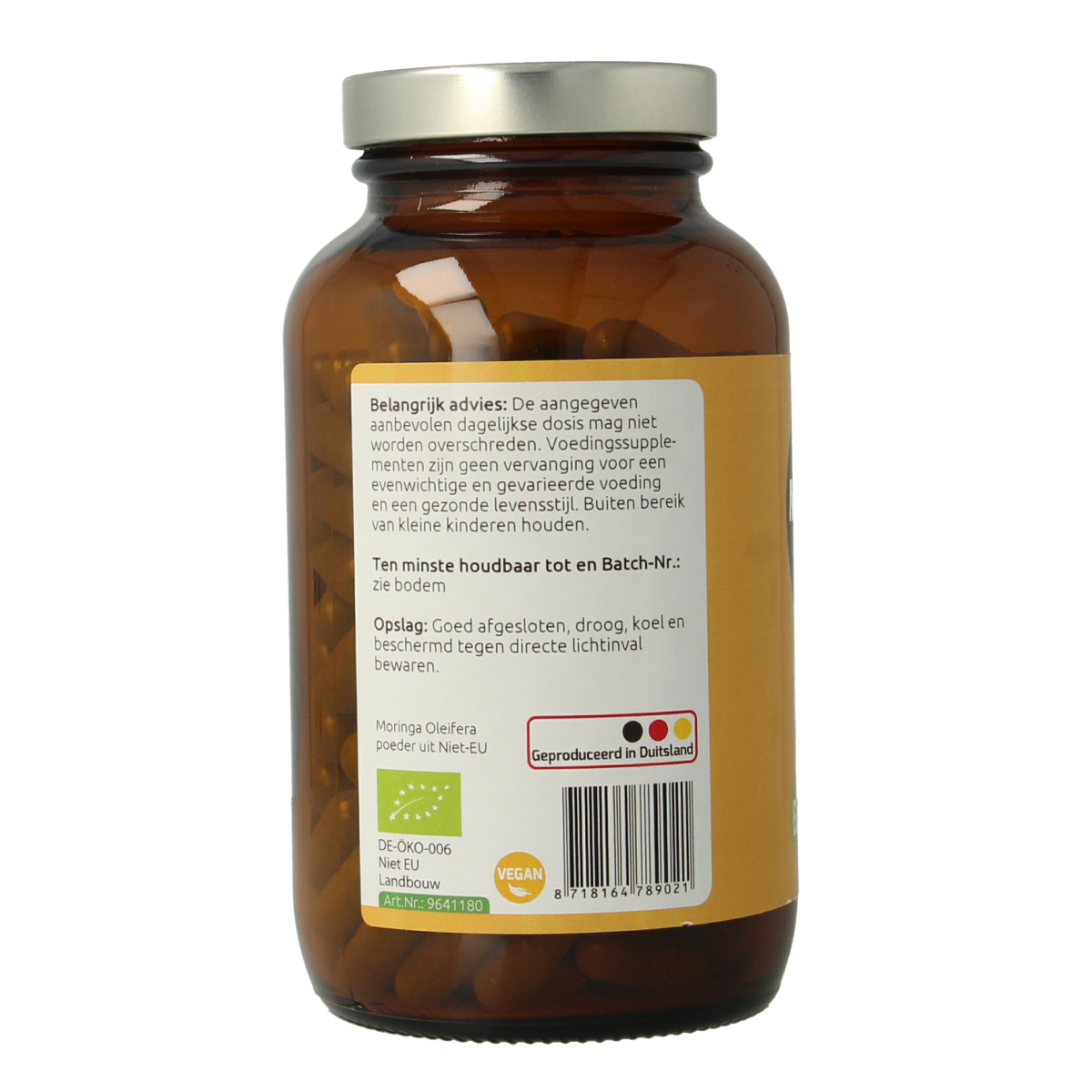 Hanoju Bio moringa capsules in a bottle, vegan herbal supplement, 180 capsules, natural plant-based dietary supplement.