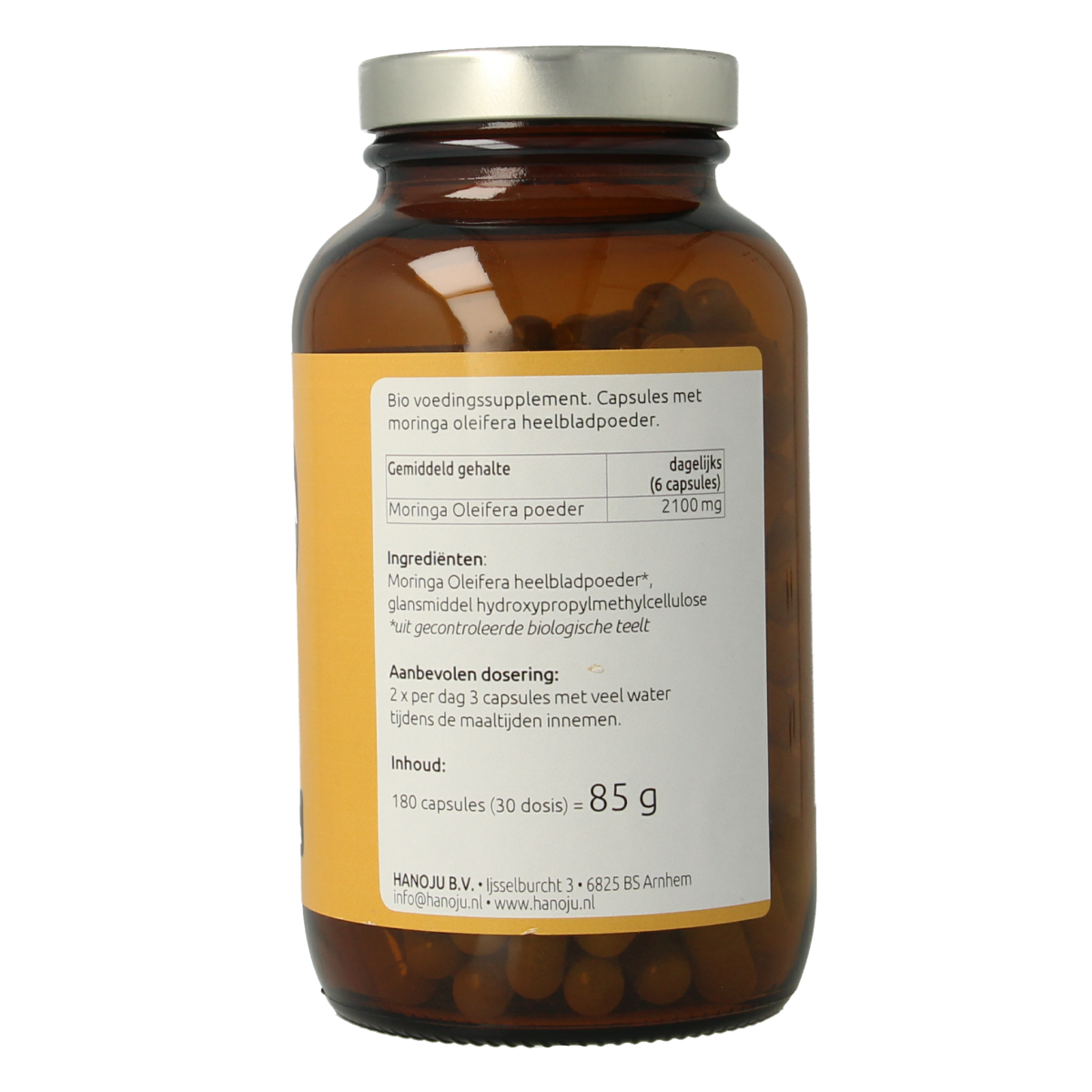 Hanoju Bio Moringa capsules, 180-count, herbal supplement in clear bottle with white cap, showing green Moringa leaf imagery.