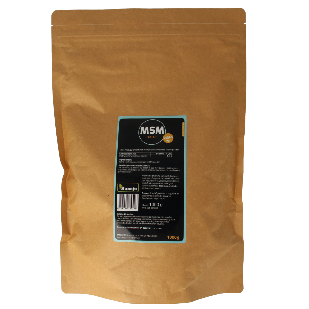 Hanoju MSM powder in a 1kg package, a herbal supplement used for joint health and overall wellness.