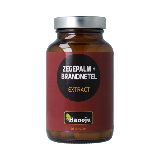 Hanoju Zegepalm and brandnetel extract capsules, herbal supplement, 90 capsules in a white bottle with label.