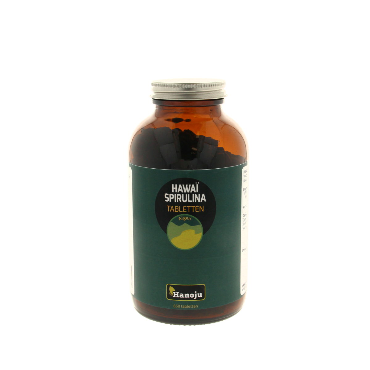 Hanoju Spirulina Hawaii 500mg tablets, herbal supplement in a clear container, featuring green spirulina tablets on the label.