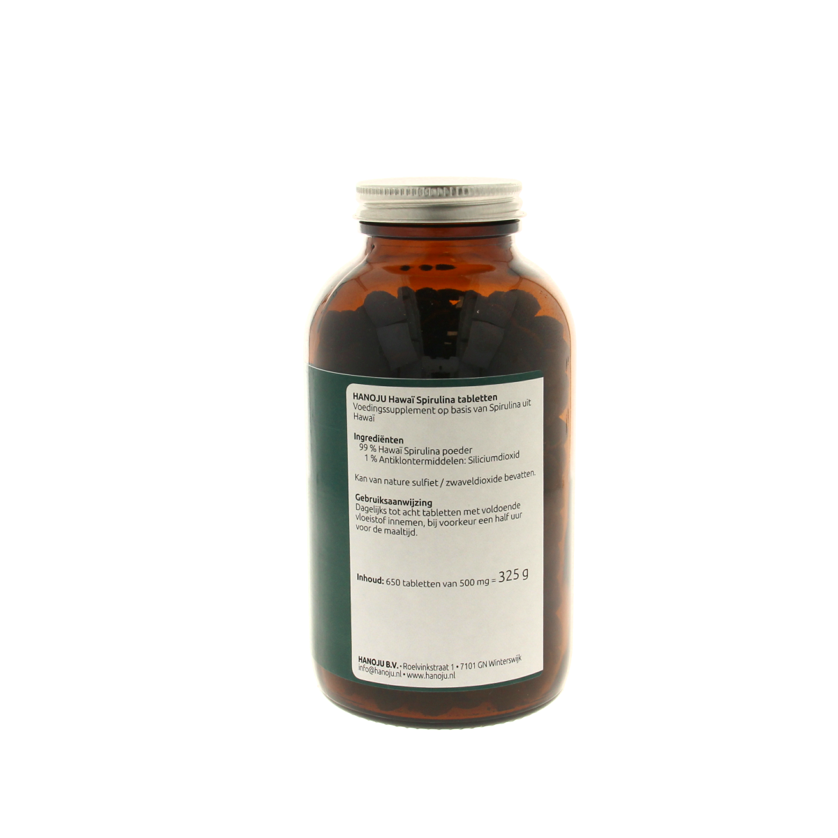 Hanoju Spirulina Hawaiians 500mg dietary tablets in a bottle, herbal supplement from Hanoju, shown in the image.