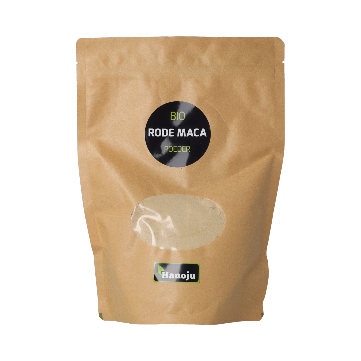 Hanoju Bio Rode Maca Powder in 500g package, organic herbal supplement with vibrant brown maca root powder visible in the image.